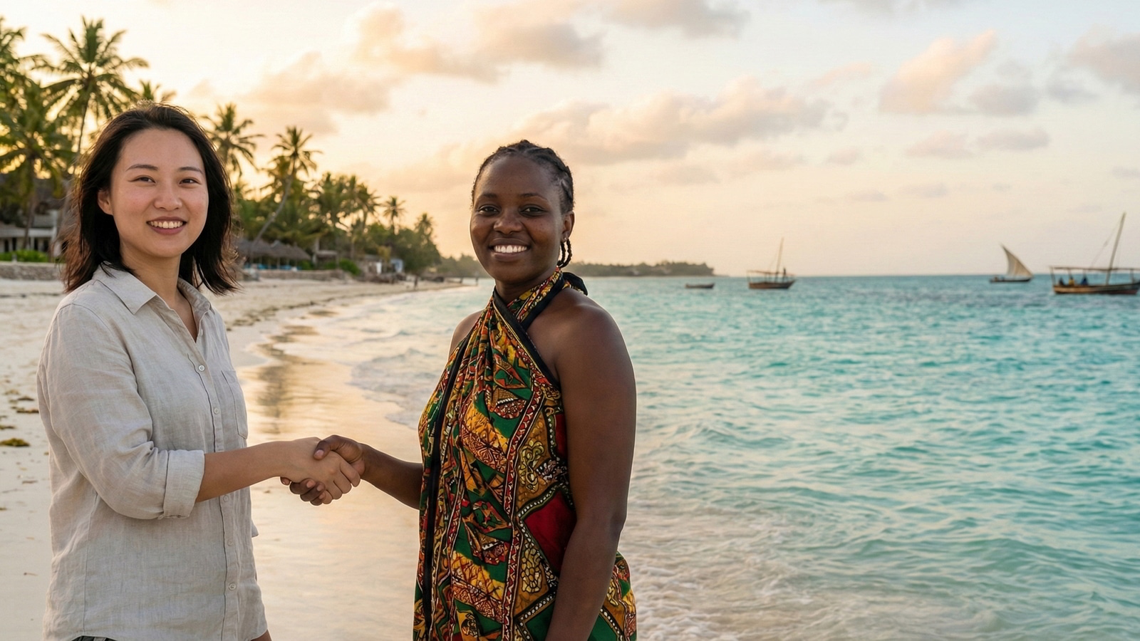 A Kenyan girl welcomes a Chinese girl on a Kenya beach after her flight from China to Kenya